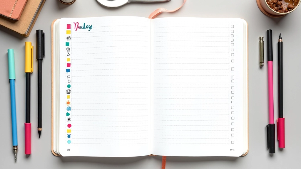 Pagina di bullet journal con simboli, numeri e liste colorate organizzate in modo artistico