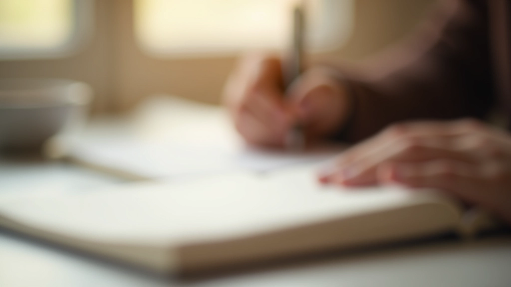 Mano che scrive velocemente su pagina di diario con colori morbidi di sfondo