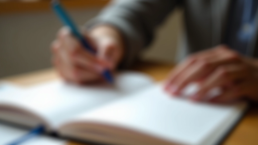 Mani che tengono penna su carta con righe blu, quaderno aperto, dettaglio ravvicinato della scrittura a mano