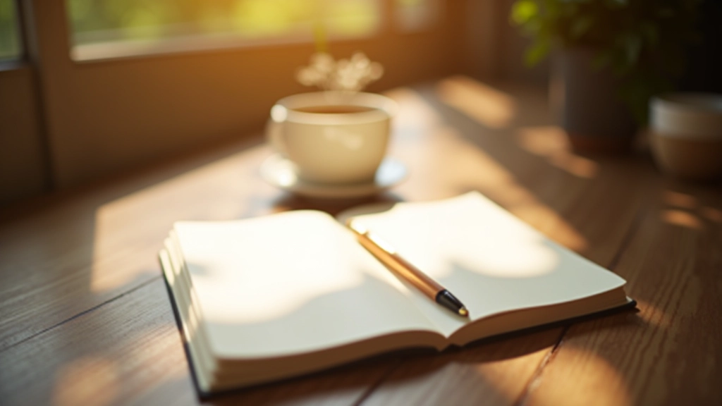 Quaderno aperto con penna su scrivania luminosa durante le ore mattutine