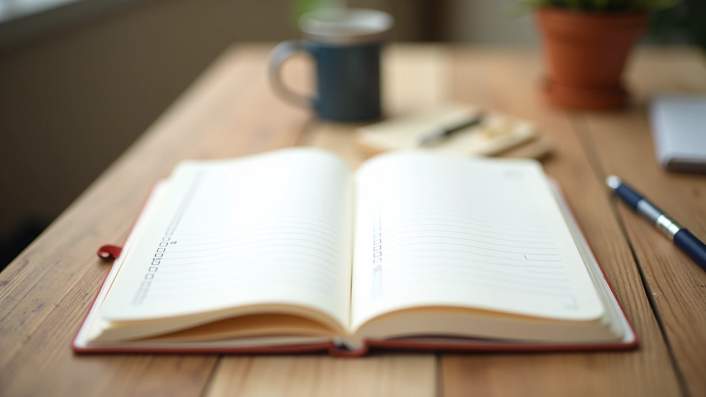 Blocco note aperto con lista di controllo e penna, organizzazione delle priorità mensili