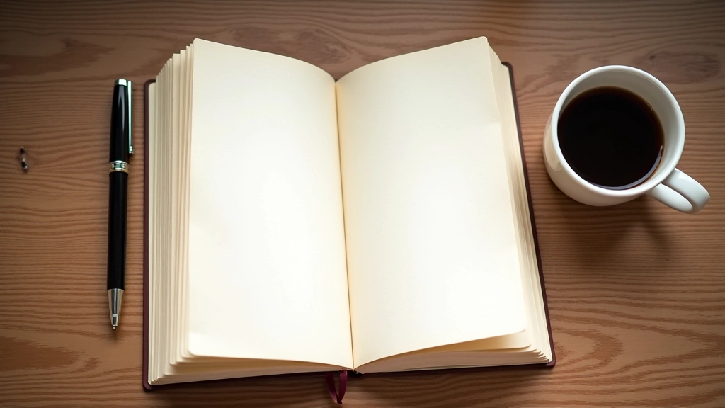 Quaderno aperto con penna su scrivania di legno accanto a tazza di caffè al mattino