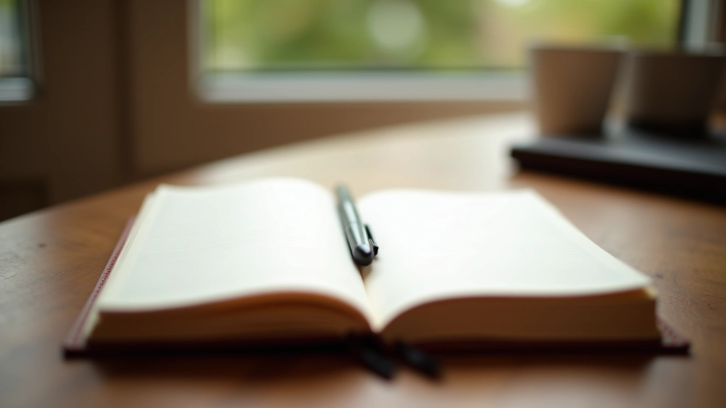 Pagine aperte di un diario con penna, taccuino di pelle su una scrivania ordinata, luce naturale, ambiente di lavoro sereno