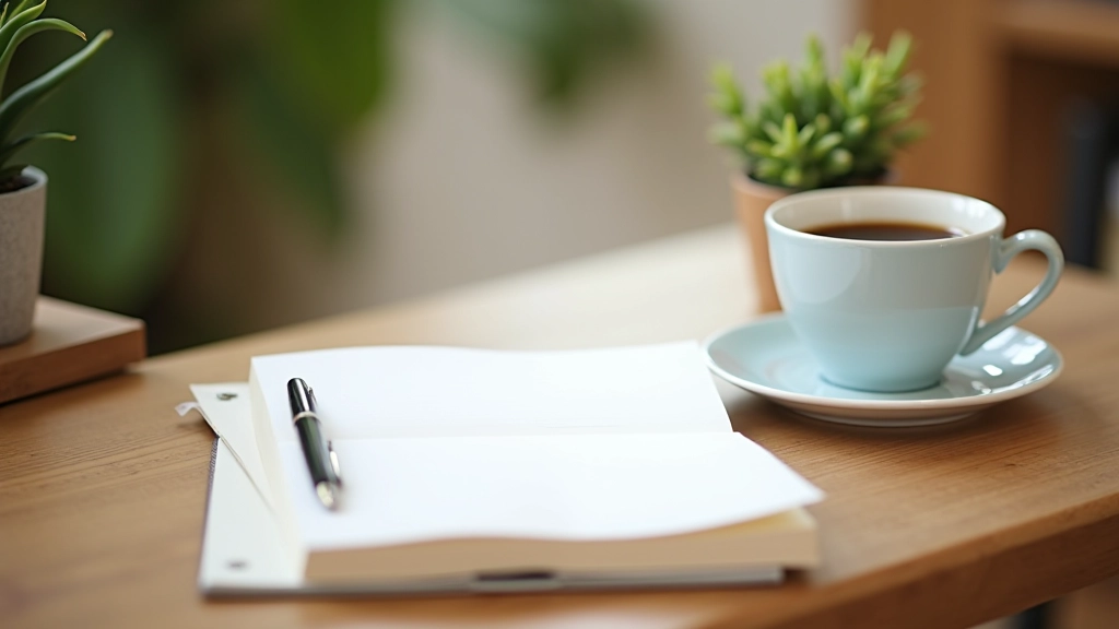Scrivania ordinata con diario, penna, tazza di caffè e pianta verde per l'atmosfera di journaling mattutina