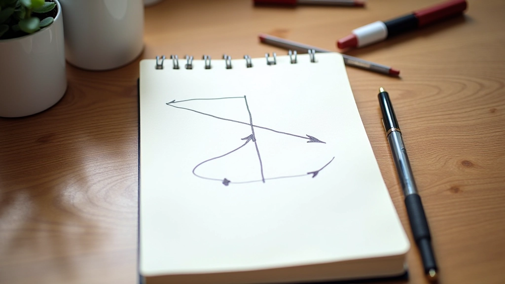 Mani che annotano obiettivi mensili con frecce e diagrammi di collegamento su un taccuino