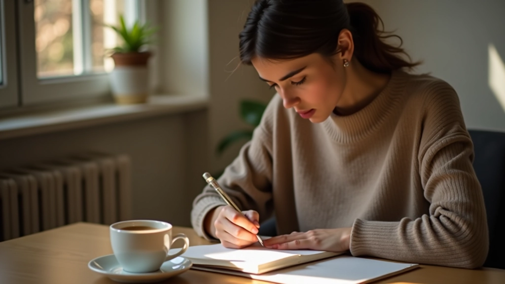 Persona che scrive su un diario con una tazza di caffè sul tavolo, ambiente tranquillo e organizzato