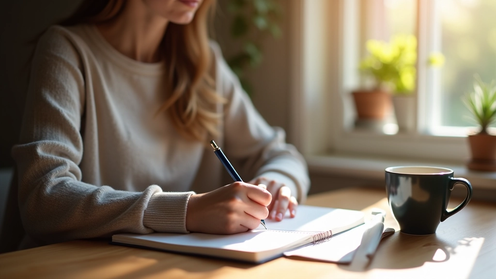 Persona che scrive su un diario con una tazza di caffè su una scrivania luminosa, luce naturale mattutina, ambiente tranquillo