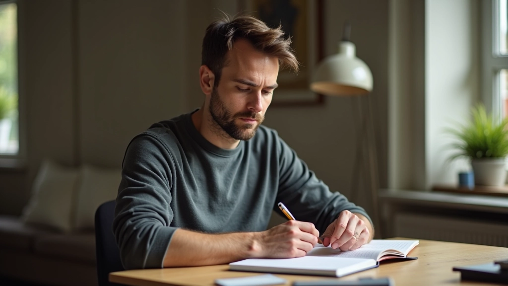 Persona che riflette con uno sguardo concentrato, leggendo note precedenti su un diario aperto