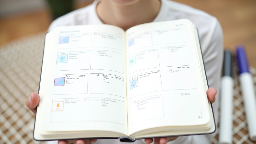 Pagina di bullet journal con sezioni chiaramente organizzate — obiettivi, gratitudine, riflessioni — con icone colorate e layout ordinato
