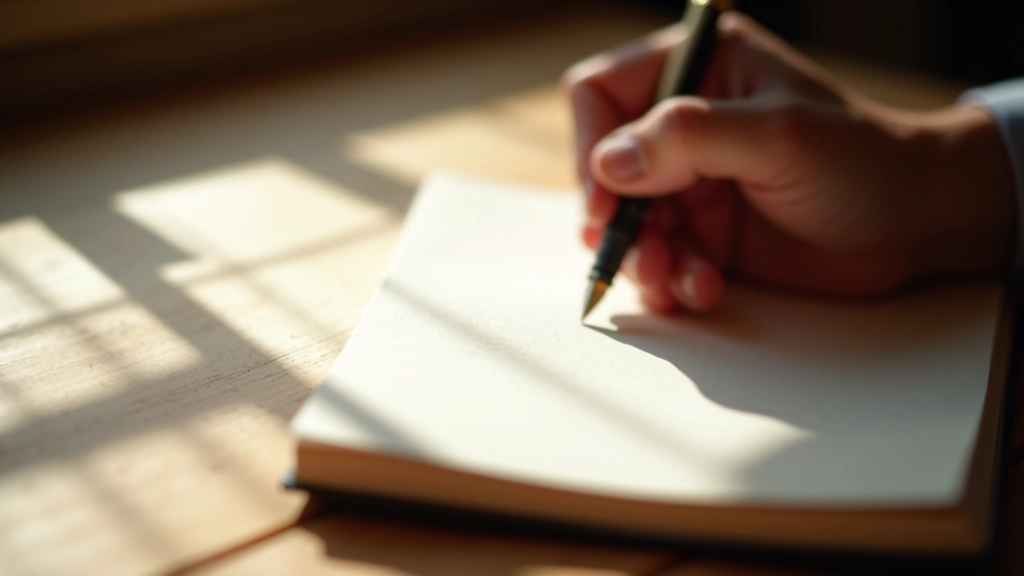 Mano che tiene una penna stilografica sopra un quaderno bianco con scrittura a mano visibile