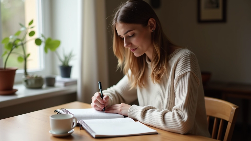 Persona che scrive nel quaderno al tavolo della colazione con caffÃ¨ caldo, luce del mattino, vista ravvicinata della mano con penna