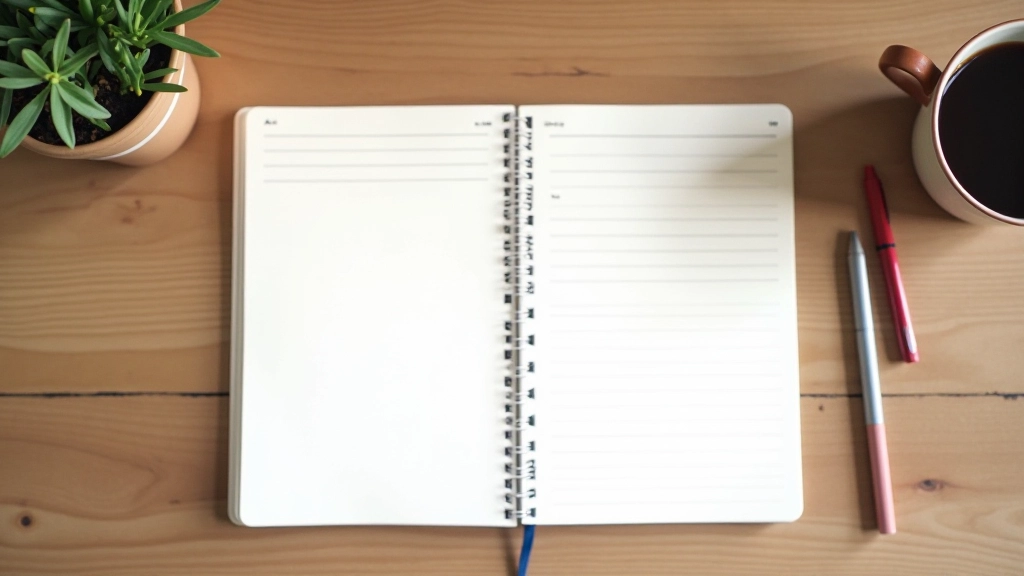 Tavolo da lavoro con due quaderni diversi — uno bianco minimalista e uno con righe strutturate — accanto a una tazza di caffè